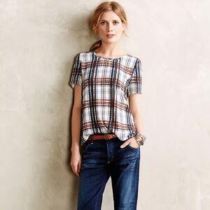 Anthropologie Maeve Drapes Plaid Short Sleeve Blouse